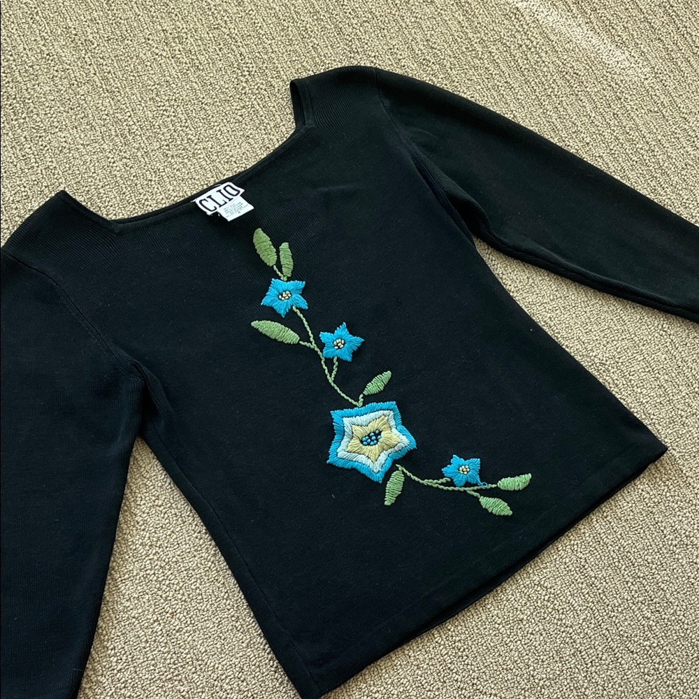 Women’s 90’s Silk and Cotton Vintage Clio Black Floral Embroidered Top